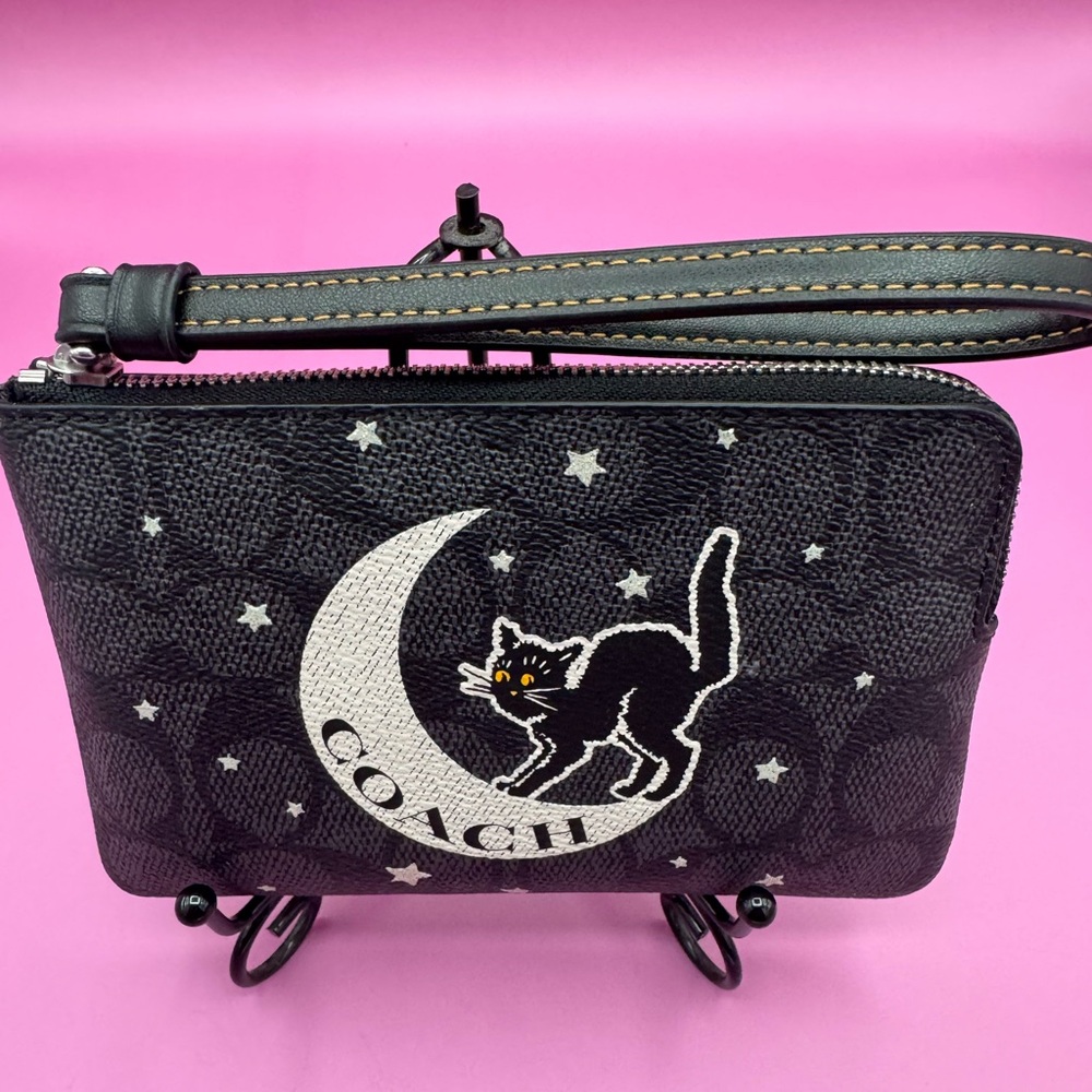 Coach Black Wristlet with Cat and Moon Motif